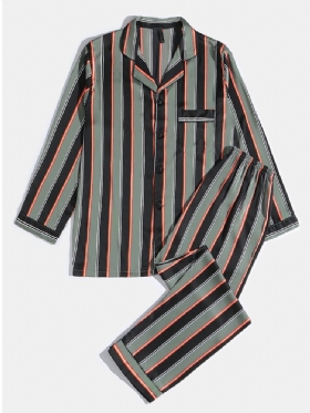 Herre Stripe Print Lapel Langermet Skjorte Elastisk Midjebukser Hjemmepysjamassett