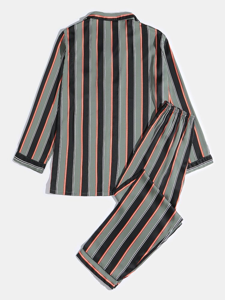 Herre Stripe Print Lapel Langermet Skjorte Elastisk Midjebukser Hjemmepysjamassett