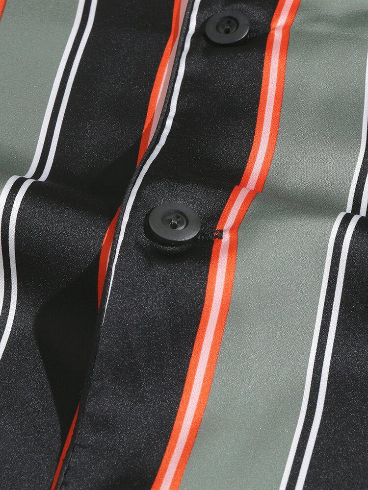 Herre Stripe Print Lapel Langermet Skjorte Elastisk Midjebukser Hjemmepysjamassett