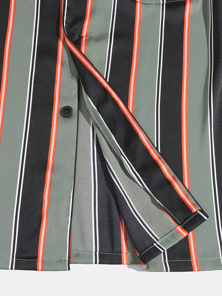 Herre Stripe Print Lapel Langermet Skjorte Elastisk Midjebukser Hjemmepysjamassett