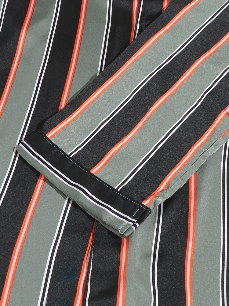 Herre Stripe Print Lapel Langermet Skjorte Elastisk Midjebukser Hjemmepysjamassett