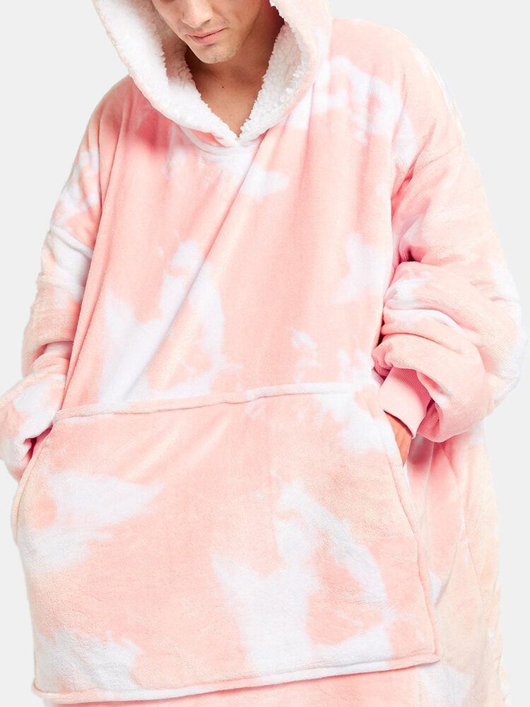 Herre Tie-dye Thicken Fleece Fôret Varmt Løst Teppe Hettegenser Med Kengurulomme