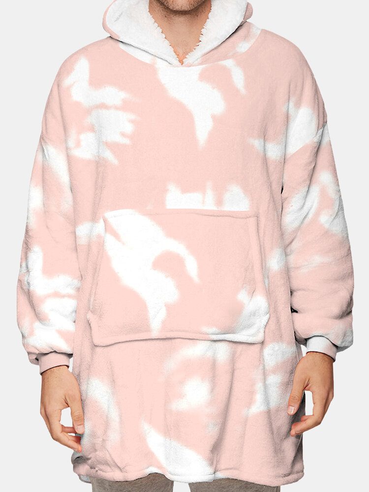 Herre Tie-dye Thicken Fleece Fôret Varmt Løst Teppe Hettegenser Med Kengurulomme