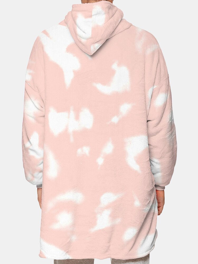 Herre Tie-dye Thicken Fleece Fôret Varmt Løst Teppe Hettegenser Med Kengurulomme