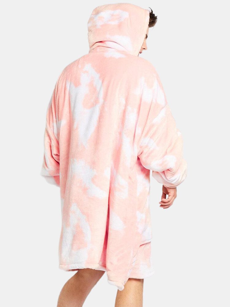 Herre Tie-dye Thicken Fleece Fôret Varmt Løst Teppe Hettegenser Med Kengurulomme