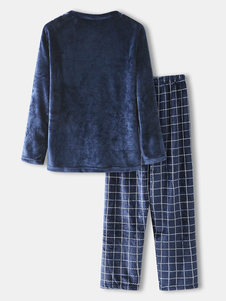 Herre Vinterflanell Rutete Topper Med Rund Hals Løse Bukser Tykke Home Lounge Pyjamassett