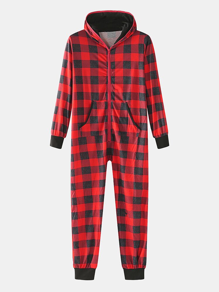 Klassisk Pleddtrykk For Menn Langermet Glidelås Jumpsuit Med Hette Hjemme Pyjamas I Ett Stykke