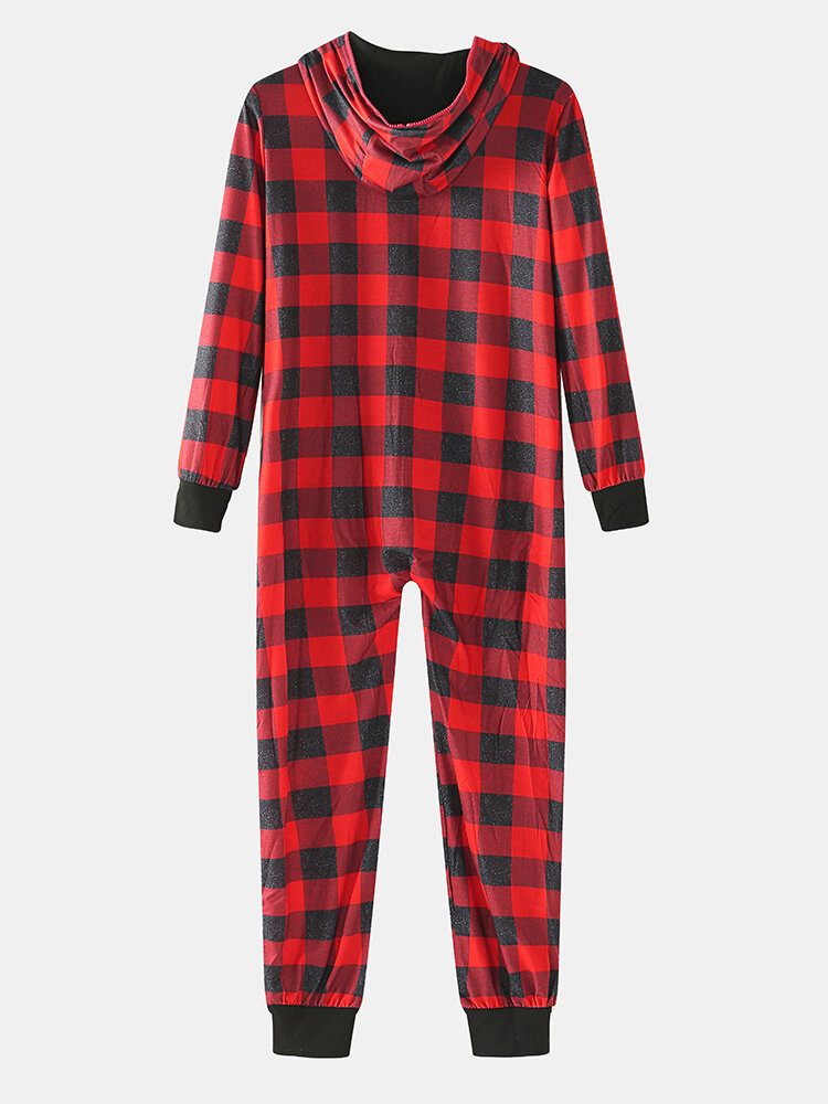 Klassisk Pleddtrykk For Menn Langermet Glidelås Jumpsuit Med Hette Hjemme Pyjamas I Ett Stykke