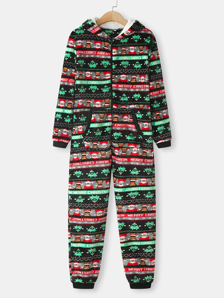 Kvinner Jul Flanelltrykt Glidelås Øredetaljer Langermet Onesies Hette Pyjamas