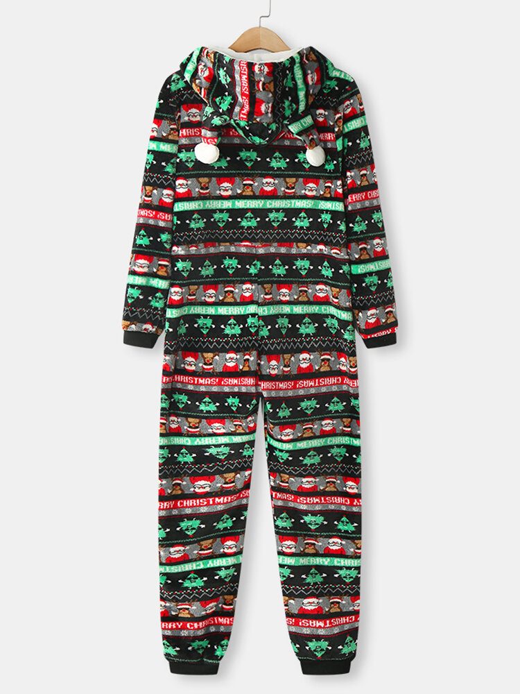 Kvinner Jul Flanelltrykt Glidelås Øredetaljer Langermet Onesies Hette Pyjamas