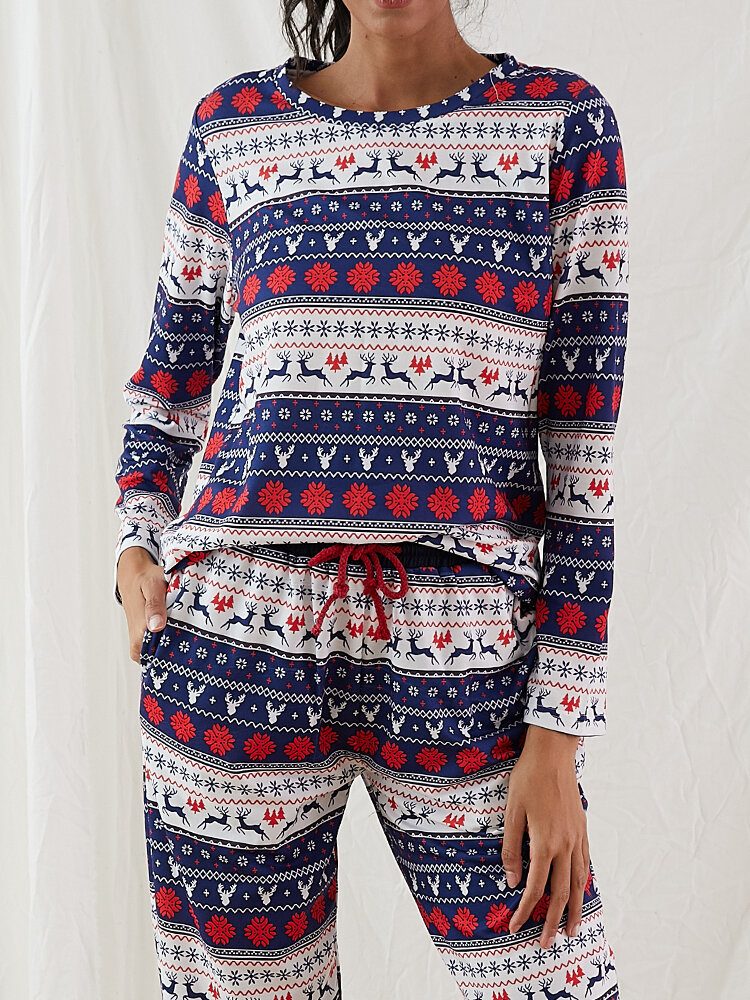 Kvinner Jul Tegneserie Vintage Print Langermet Pullover Snøring Joggerbukser Hjem Pyjamassett