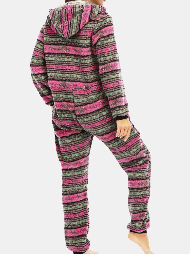 Kvinner Jule Fleece Stripet Hjem Snøring Langermet One Set Hette Pyjamas