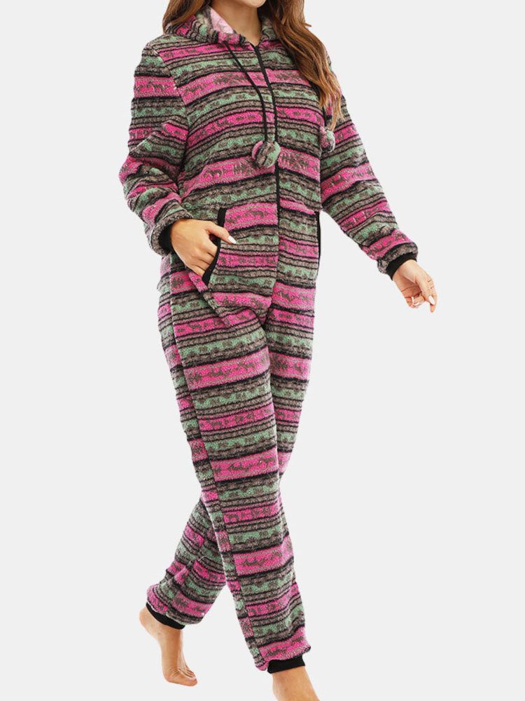 Kvinner Jule Fleece Stripet Hjem Snøring Langermet One Set Hette Pyjamas