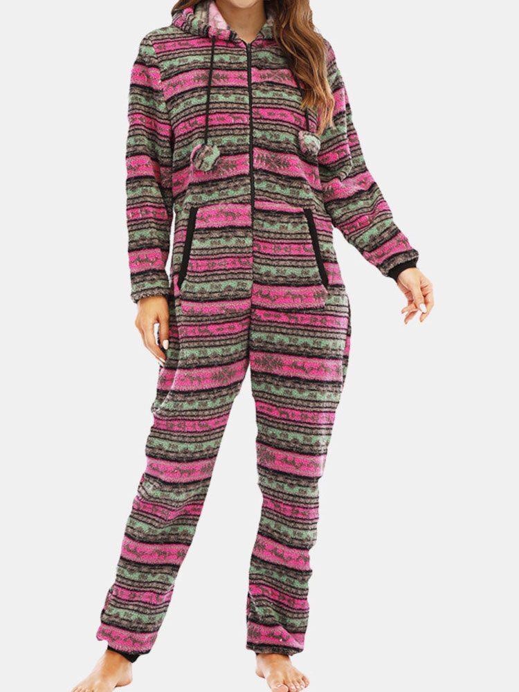 Kvinner Jule Fleece Stripet Hjem Snøring Langermet One Set Hette Pyjamas