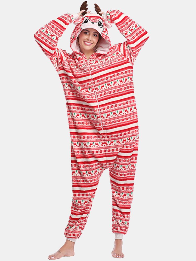 Kvinner Julestil Print Søt Elk Hette Glidelås Forside Lomme Hjem Koselige One Piece Jumpsuits