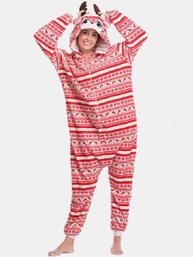 Kvinner Julestil Print Søt Elk Hette Glidelås Forside Lomme Hjem Koselige One Piece Jumpsuits