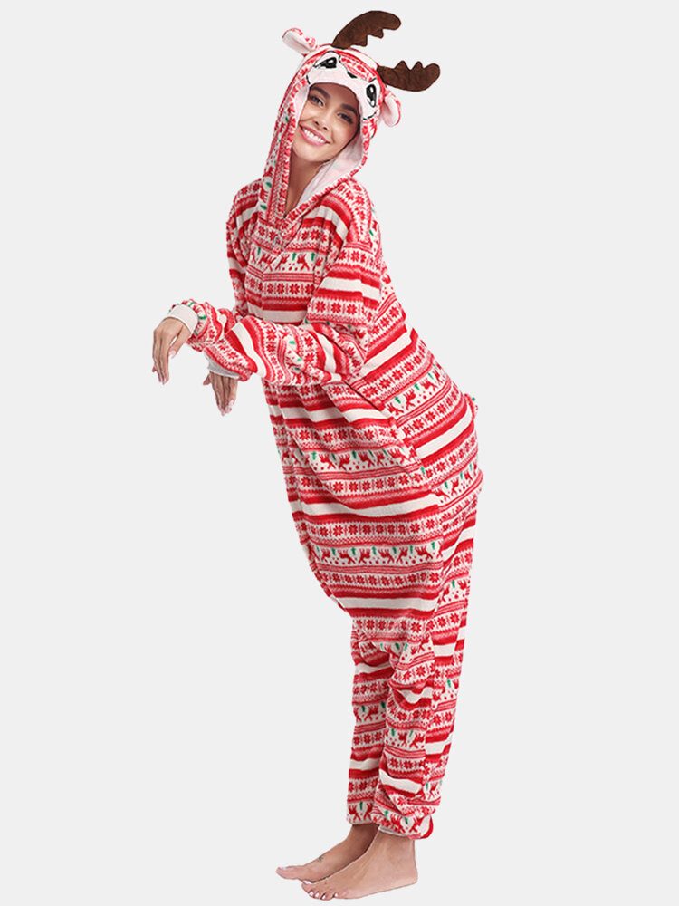 Kvinner Julestil Print Søt Elk Hette Glidelås Forside Lomme Hjem Koselige One Piece Jumpsuits