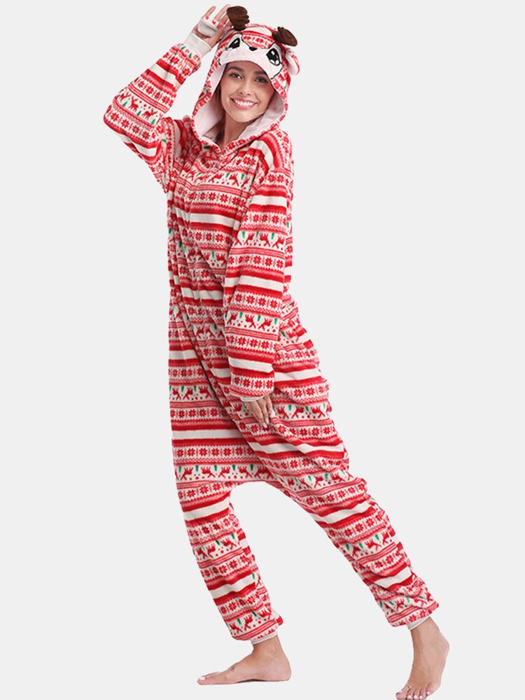 Kvinner Julestil Print Søt Elk Hette Glidelås Forside Lomme Hjem Koselige One Piece Jumpsuits