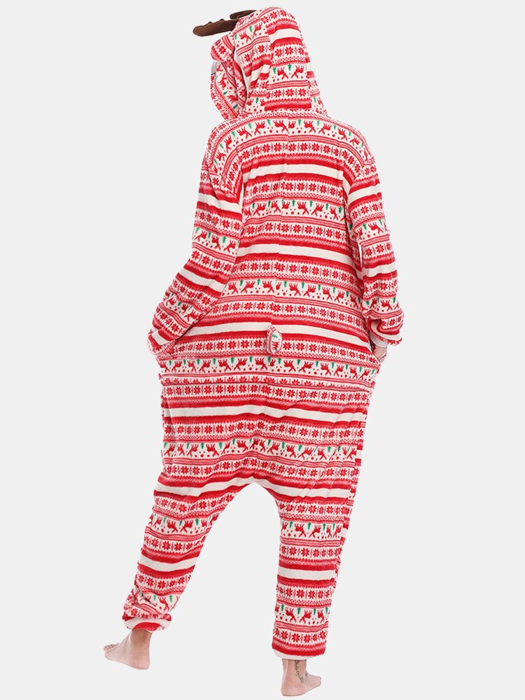 Kvinner Julestil Print Søt Elk Hette Glidelås Forside Lomme Hjem Koselige One Piece Jumpsuits