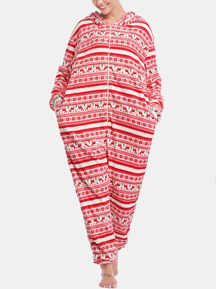 Kvinner Julestil Print Søt Elk Hette Glidelås Forside Lomme Hjem Koselige One Piece Jumpsuits