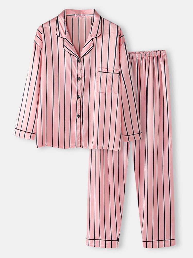 Kvinner Rosa Stripe Print Camp Krage Langermet Hjem Uformelt Faux Silke Pysjamassett