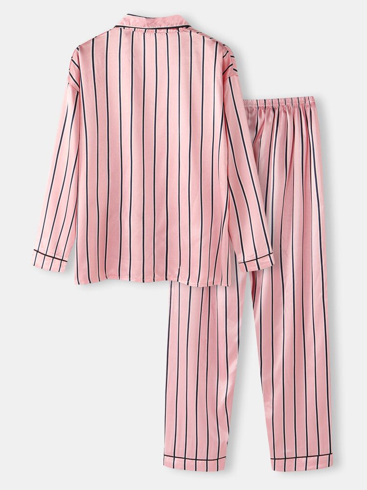 Kvinner Rosa Stripe Print Camp Krage Langermet Hjem Uformelt Faux Silke Pysjamassett