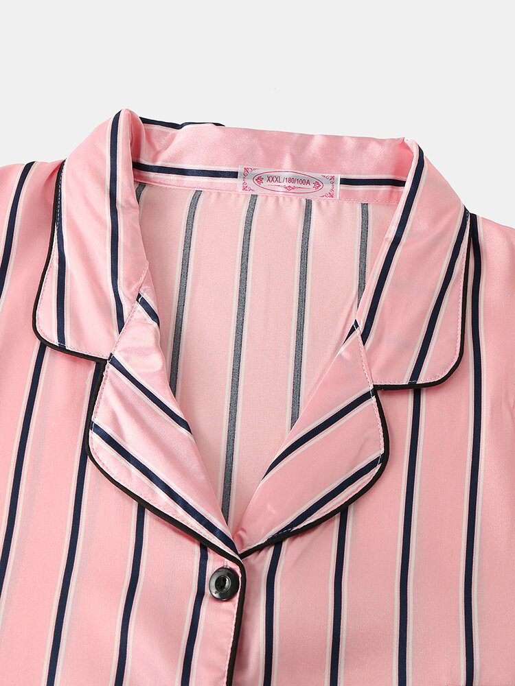 Kvinner Rosa Stripe Print Camp Krage Langermet Hjem Uformelt Faux Silke Pysjamassett