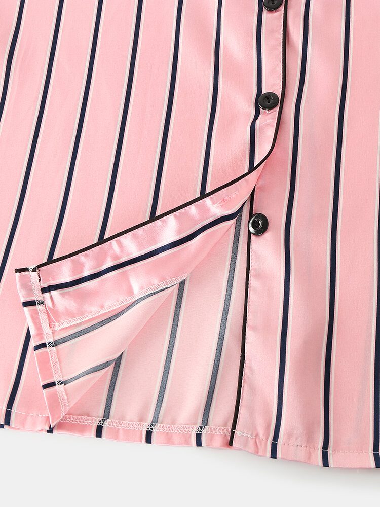 Kvinner Rosa Stripe Print Camp Krage Langermet Hjem Uformelt Faux Silke Pysjamassett