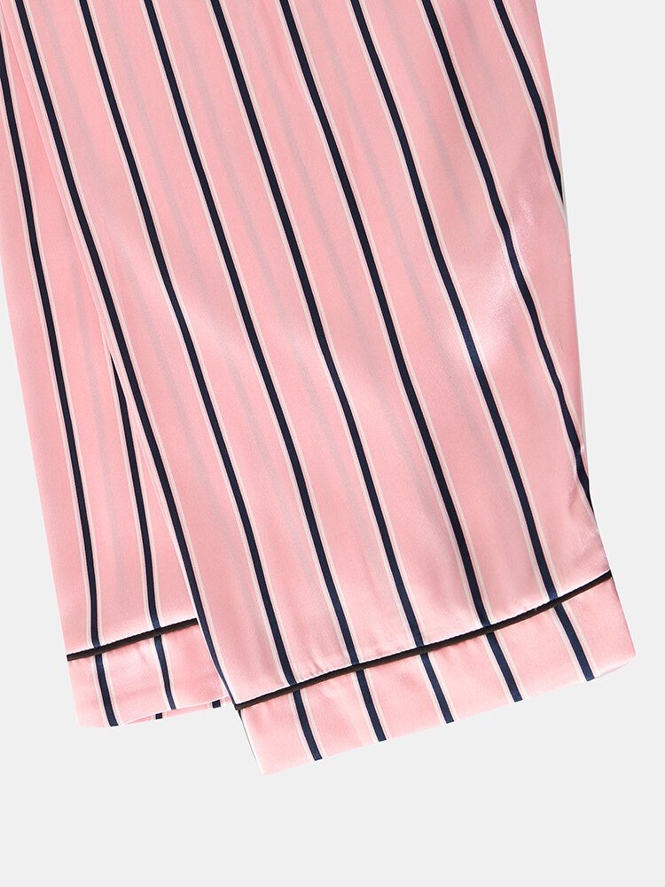 Kvinner Rosa Stripe Print Camp Krage Langermet Hjem Uformelt Faux Silke Pysjamassett