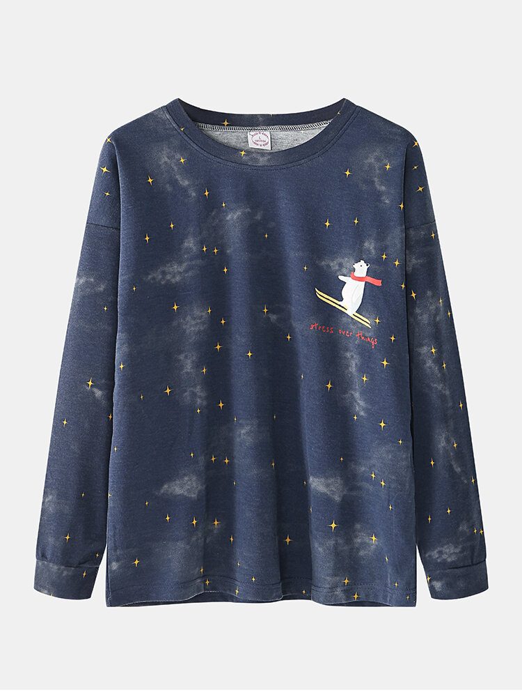 Kvinner Tegneserie Isbjørn Stjernehimmel Print Pullover Elastisk Midje Lommebukser Hjemmepysjamassett