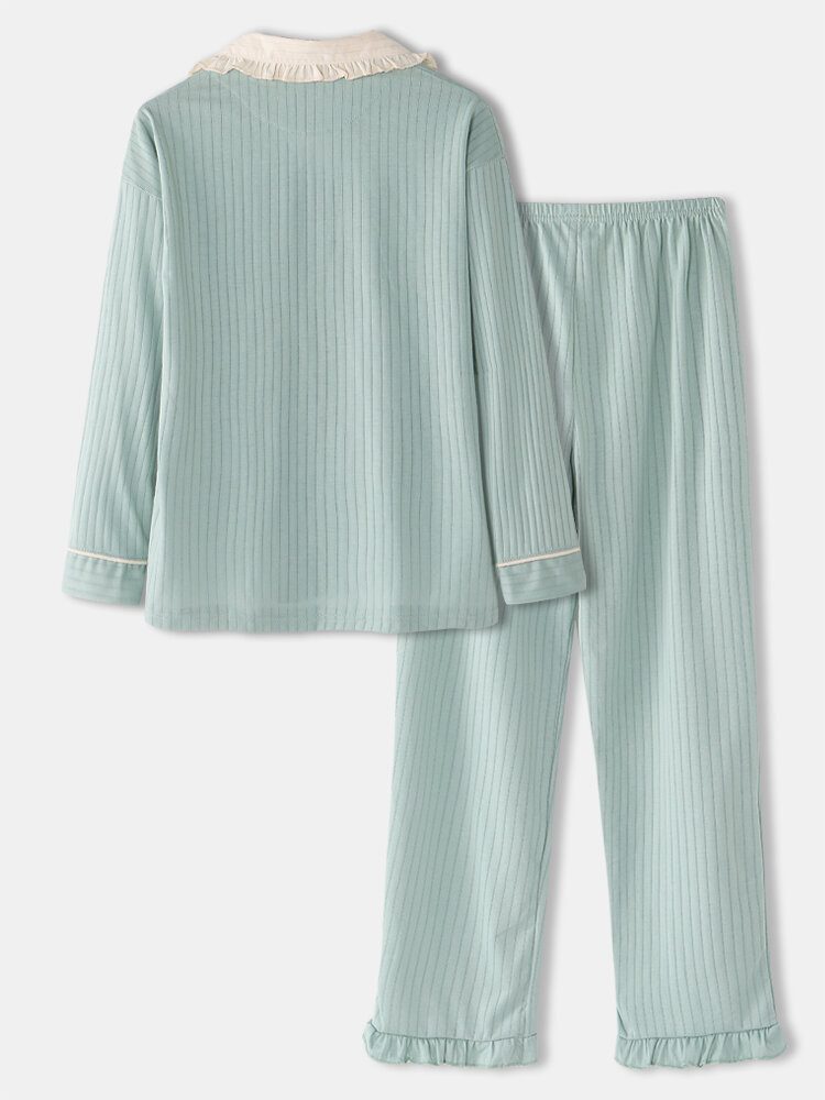 Kvinner Tegneserie-katt-lomme Strikket Langermet Loungewear Pluss Size-hjemme-pyjamassett I Bomull