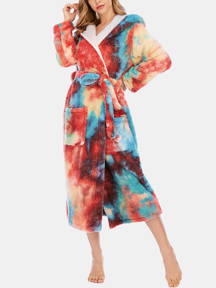 Kvinner Tie Dye Fleece Hette Dobbel Lommerunder Løse Badekåper Hjem Nattøy