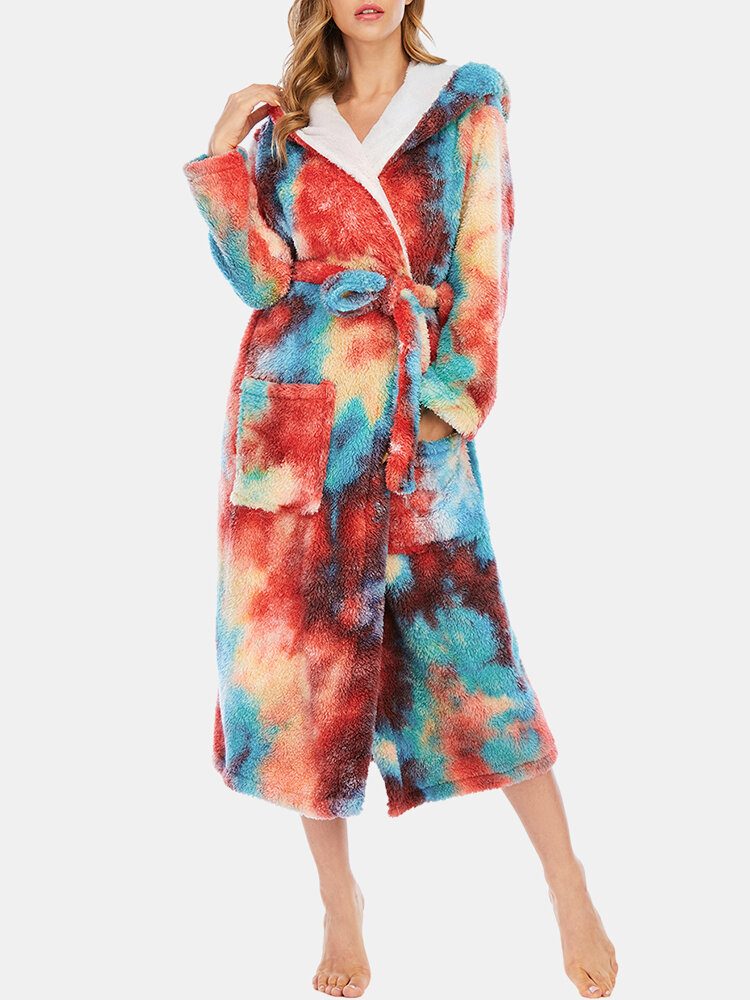 Kvinner Tie Dye Fleece Hette Dobbel Lommerunder Løse Badekåper Hjem Nattøy