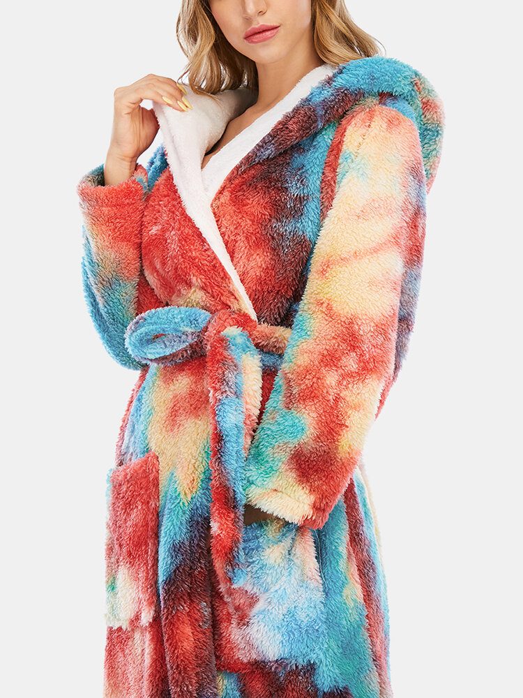 Kvinner Tie Dye Fleece Hette Dobbel Lommerunder Løse Badekåper Hjem Nattøy