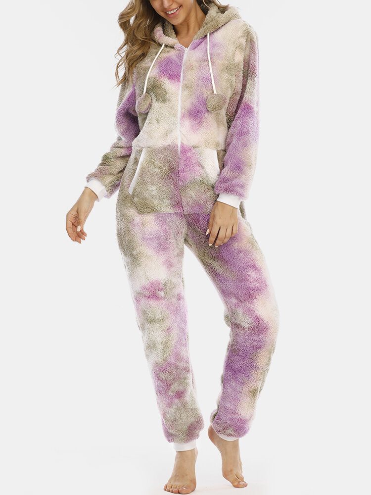 Kvinner Tie Dye Fluffy Plysj Glidelås Foran Kangaroo Pocket Home Jumpsuits