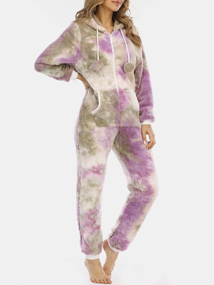 Kvinner Tie Dye Fluffy Plysj Glidelås Foran Kangaroo Pocket Home Jumpsuits