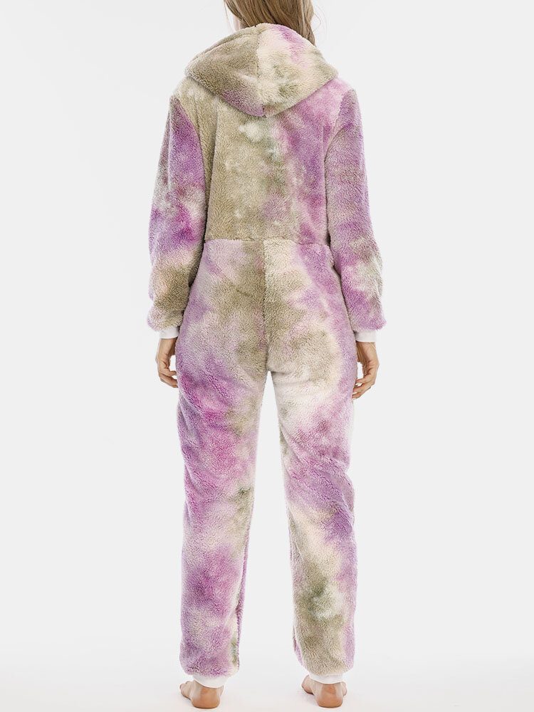 Kvinner Tie Dye Fluffy Plysj Glidelås Foran Kangaroo Pocket Home Jumpsuits