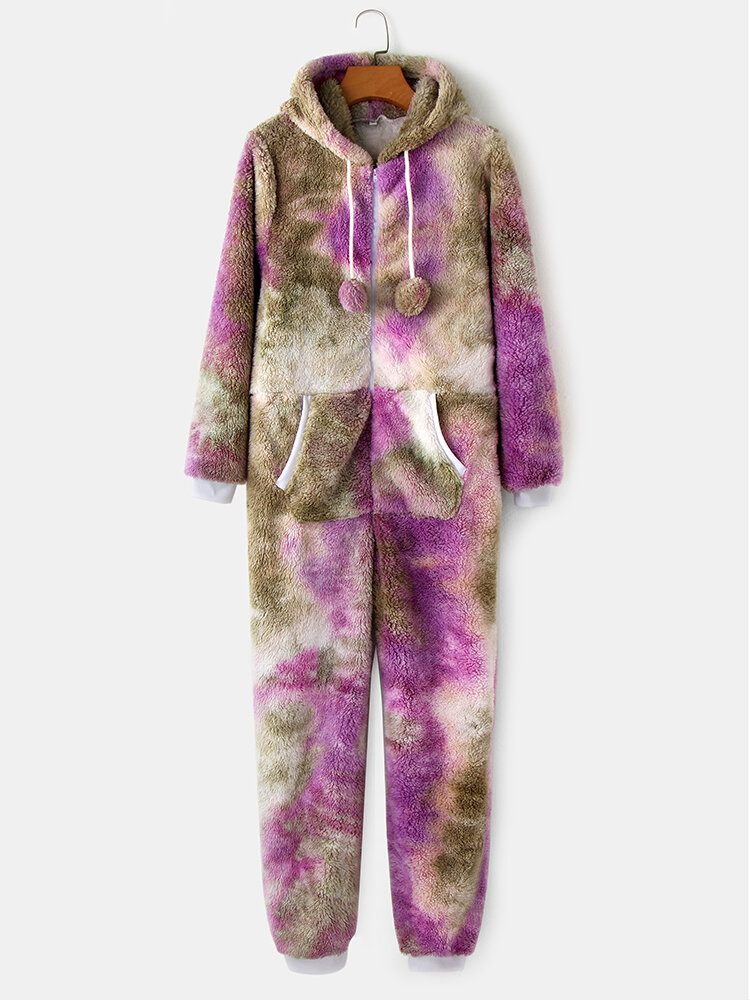 Kvinner Tie Dye Fluffy Plysj Glidelås Foran Kangaroo Pocket Home Jumpsuits