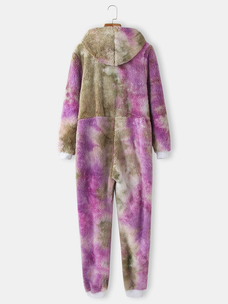 Kvinner Tie Dye Fluffy Plysj Glidelås Foran Kangaroo Pocket Home Jumpsuits