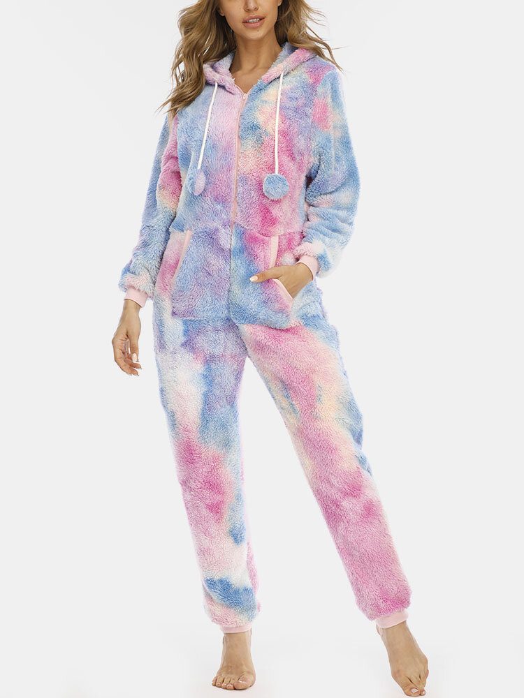 Kvinner Tie Dye Lomme Glidelås Front Jumpsuit Med Hette Hjem Nattøy