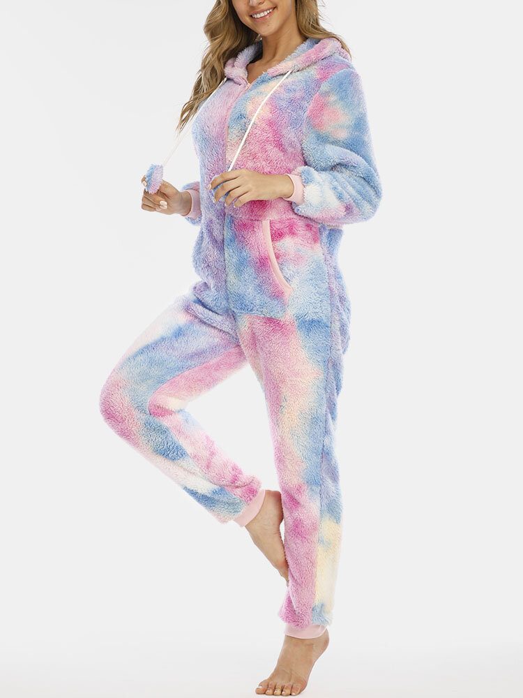 Kvinner Tie Dye Lomme Glidelås Front Jumpsuit Med Hette Hjem Nattøy