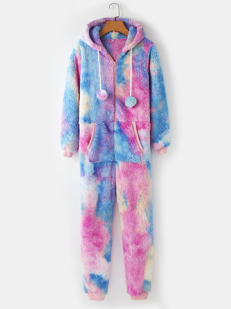 Kvinner Tie Dye Lomme Glidelås Front Jumpsuit Med Hette Hjem Nattøy