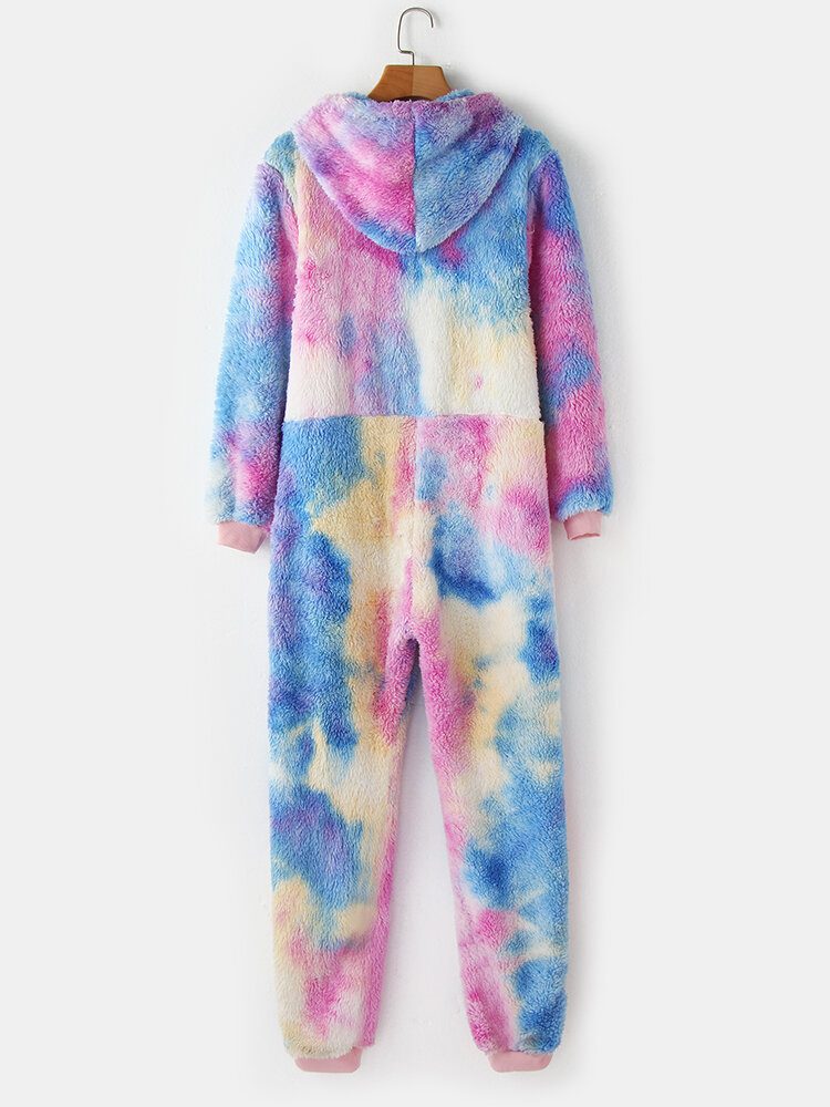 Kvinner Tie Dye Lomme Glidelås Front Jumpsuit Med Hette Hjem Nattøy