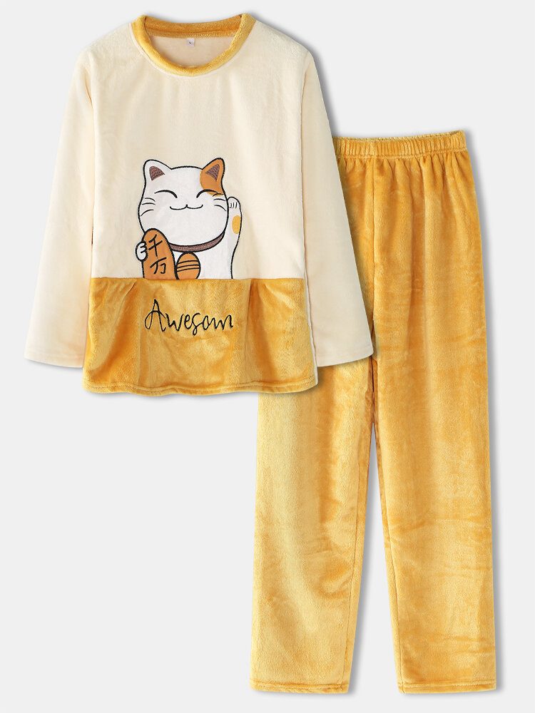 Kvinner Tykke Lucky Cat Brevbroderi Flanell Koselig Elastisk Midje Hjem Pyjamassett