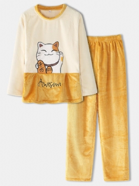 Kvinner Tykke Lucky Cat Brevbroderi Flanell Koselig Elastisk Midje Hjem Pyjamassett