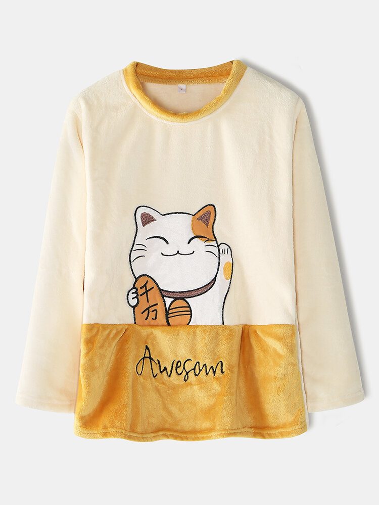 Kvinner Tykke Lucky Cat Brevbroderi Flanell Koselig Elastisk Midje Hjem Pyjamassett