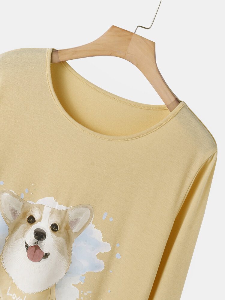 Pluss Størrelse Dame Hundetrykk Stripete Bukser Løse Langermet Loungewear Pyjamassett