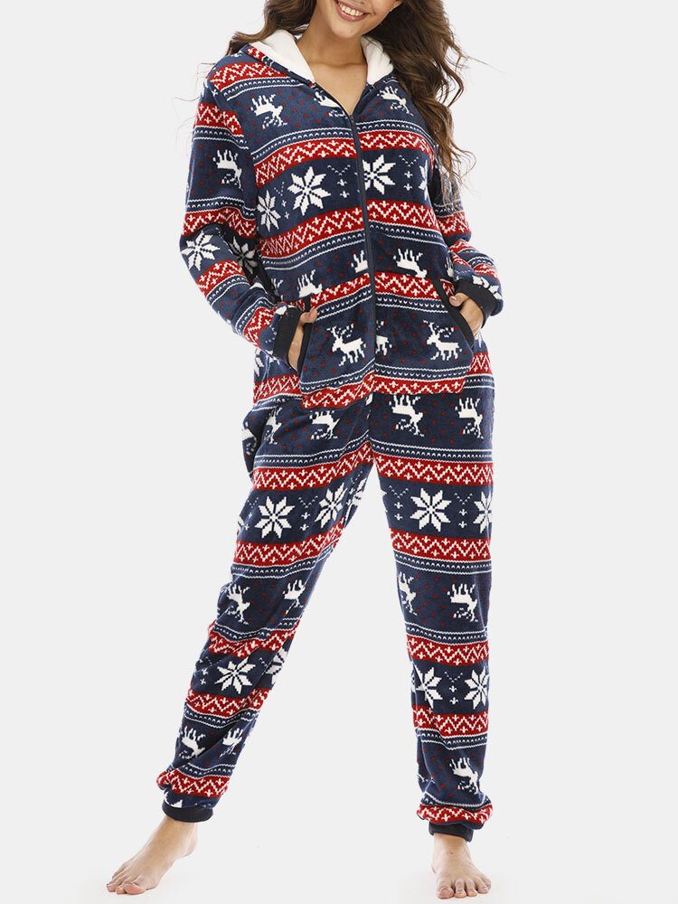 Pluss Størrelse Dame Jul Snøfnugg Elg Mønster Glidelås Foran Øre Design Flanell Hette Onesies Med Lomme