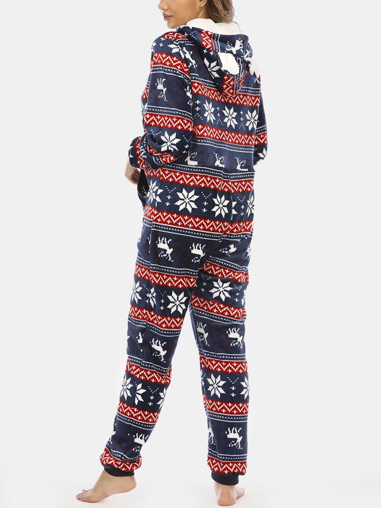 Pluss Størrelse Dame Jul Snøfnugg Elg Mønster Glidelås Foran Øre Design Flanell Hette Onesies Med Lomme