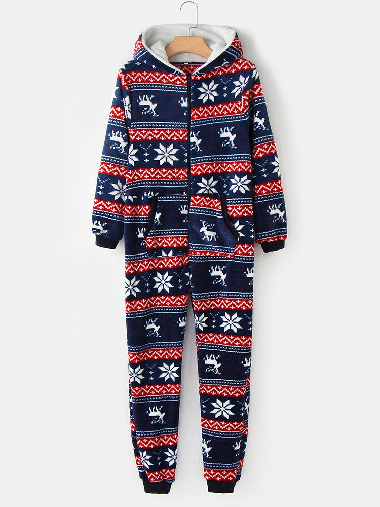 Pluss Størrelse Dame Jul Snøfnugg Elg Mønster Glidelås Foran Øre Design Flanell Hette Onesies Med Lomme